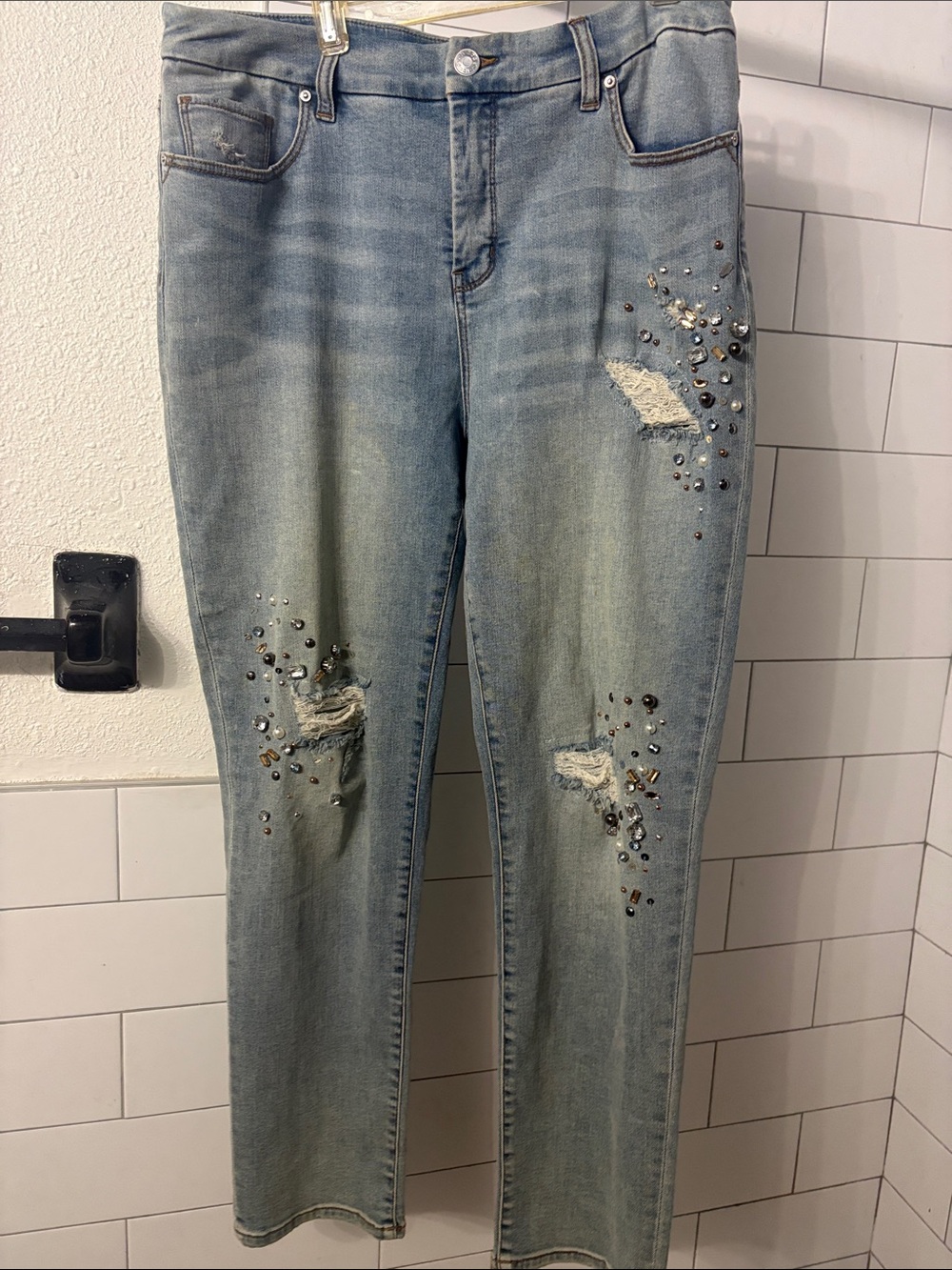 Chico's Light Blue Distressed Straight Leg Jeans with Stud Embellishments